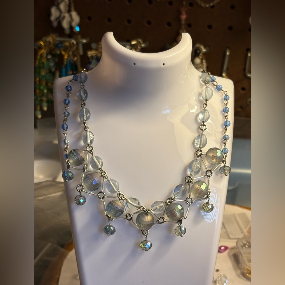 Crystal Aurora Glass Bead Necklace - Iridescent Blue